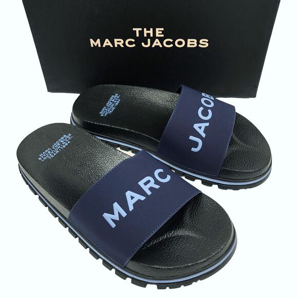 NEW Marc Jacobs Slides The Slide Sandals Logo Slip On Shoes Womens 9 / 39 Navy - Picture 3 of 9